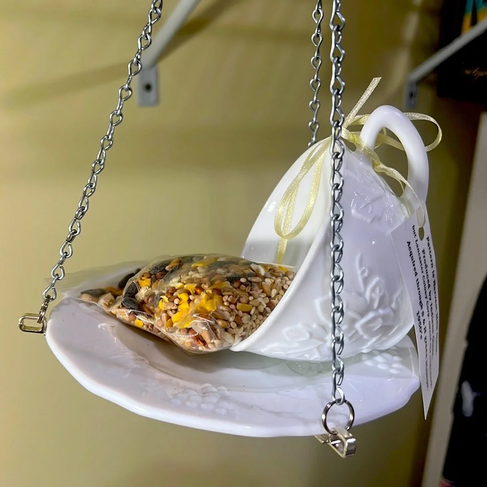 Cup and saucer bird feeder, created from vintage glassware